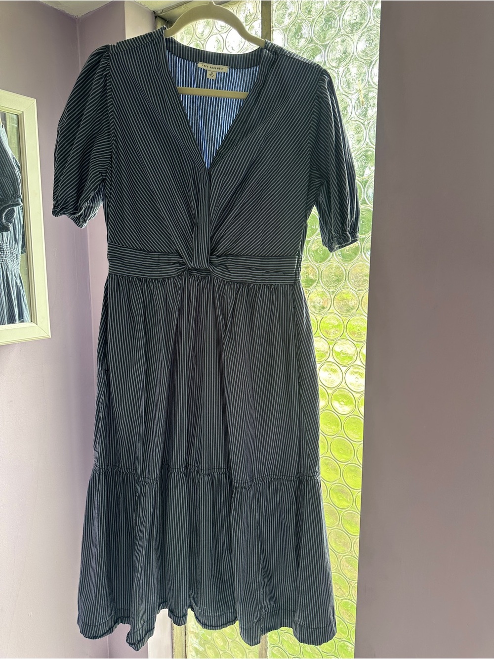 Striped V-Neck Knot-Waist Midi Dress in Navy and White